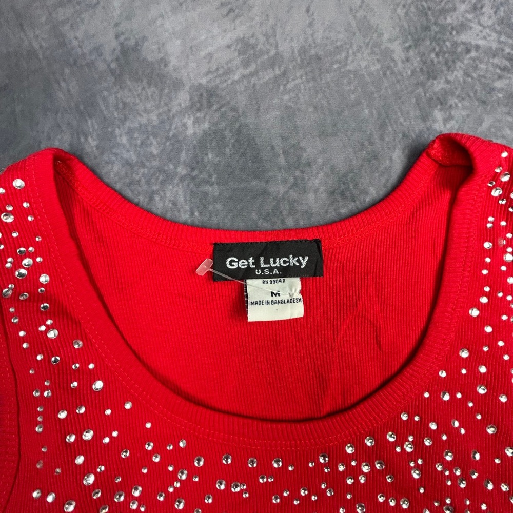 Get Lucky USA Red Rhinestone Ribbed Tank Top Women Medium Y2K Vintage Streetwear - Picture 4 of 8